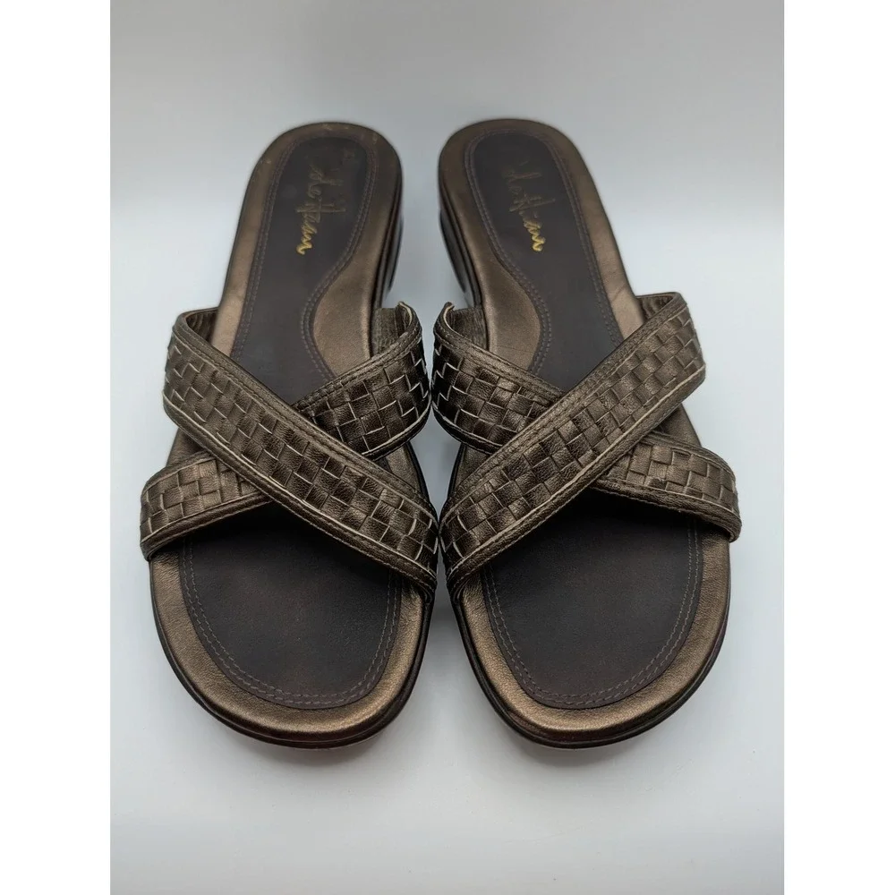 Cole Haan Womens Metallic Bronze Woven Leather Wedge Slide Sandals Platform 7.5B
